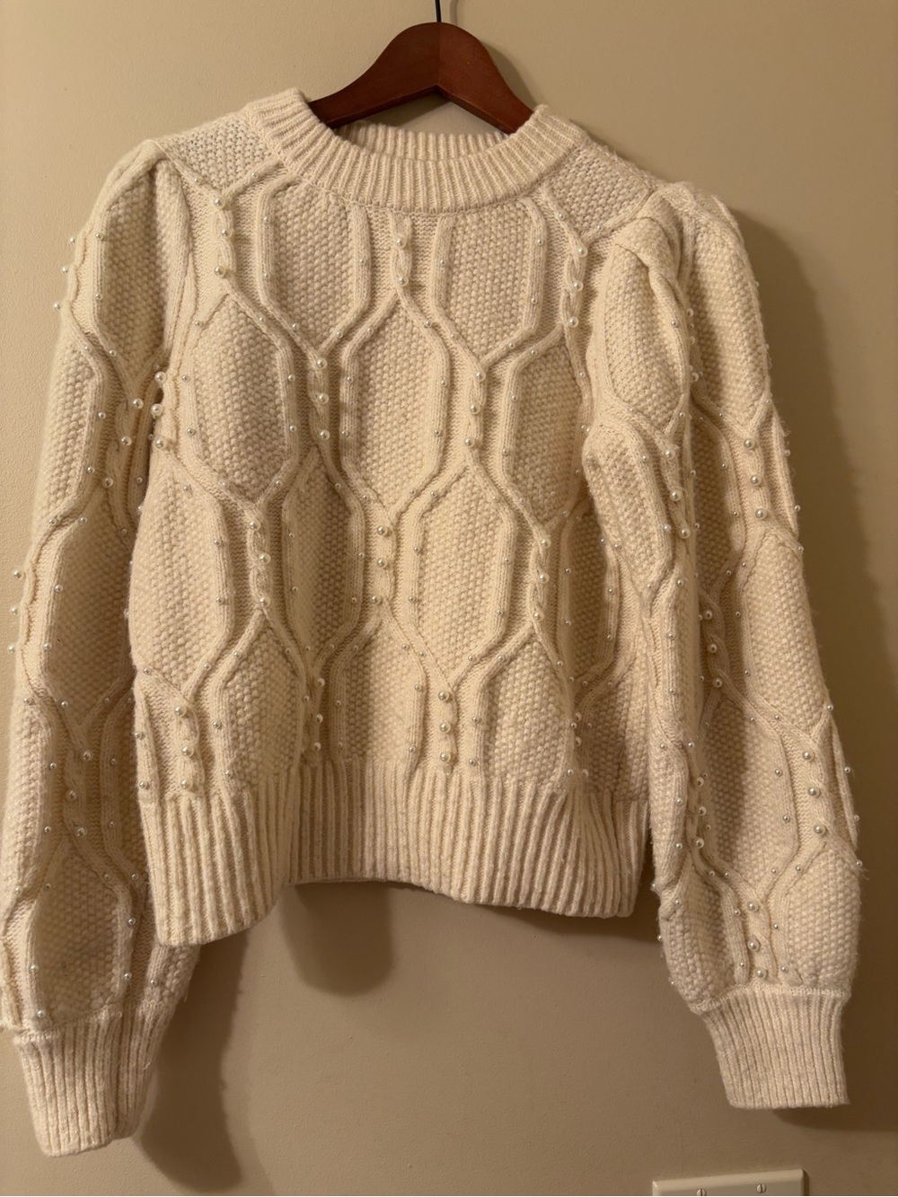 Marled Cream Pearl Accent Cable Crewneck Sweater Size Small